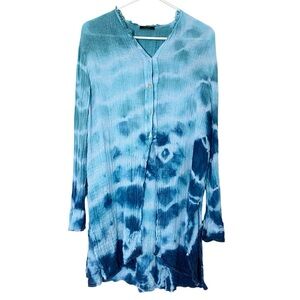 Handmade Linen Tie Dye Tunic Top Womens Size Medium Blue Ombre Long Sleeve Crepe